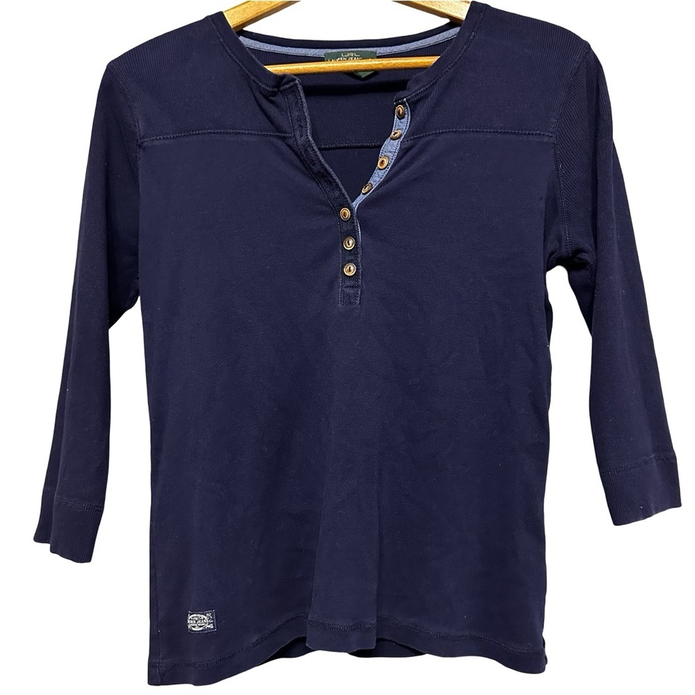 Lauren Jeans Co. Ralph Lauren Navy Blue Ribbed Henley Top Large Coastal Preppy